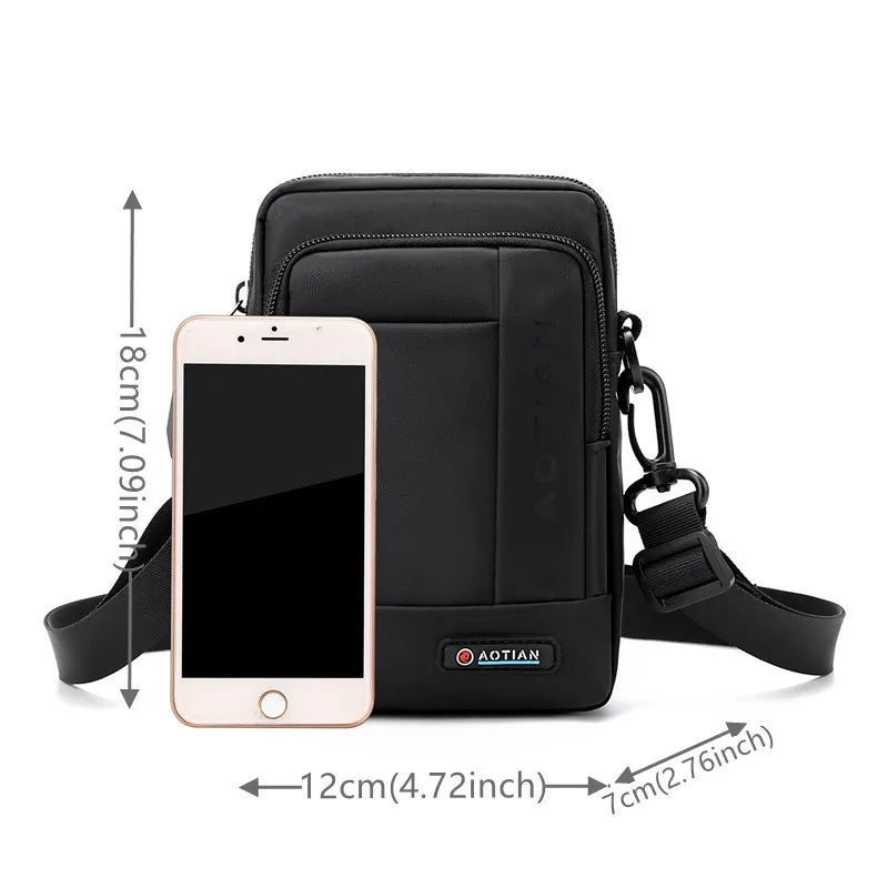 Borsa a tracolla nera AOTIAN per smartphone, dimensioni 18x12x7 cm, con cinturino regolabile, ideale per uomo e donna, design compatto e moderno.