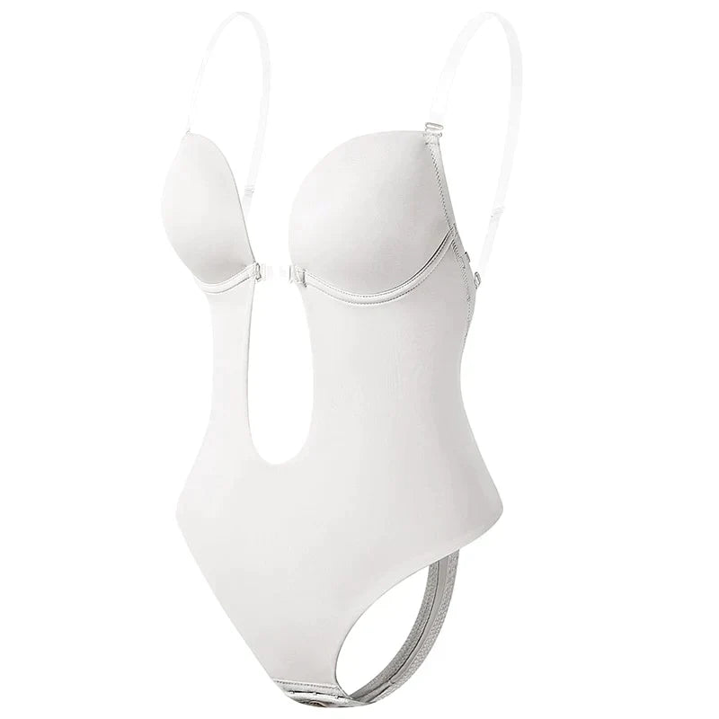 Body shaper bianco da donna, design senza schienale, spalline regolabili, ideale per abiti scollati. Intimo modellante, comfort e supporto.