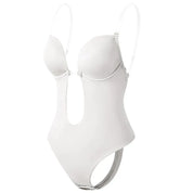 Body shaper bianco da donna, design senza schienale, spalline regolabili, ideale per abiti scollati. Intimo modellante, comfort e supporto.