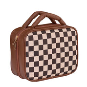 Borsa termica marrone con motivo a scacchi, manici imbottiti e cerniera dorata. Ideale per picnic, pranzo al sacco, viaggio.