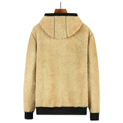 Giacca in pile beige con cappuccio, design casual, chiusura frontale, ideale per l'inverno. Abbigliamento uomo, moda autunno-inverno.