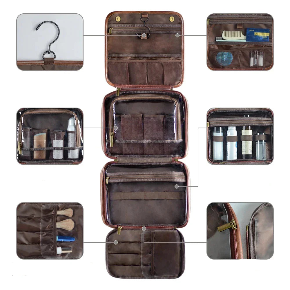Borsa da toilette in pelle marrone con ganci, scomparti multipli per articoli da bagno, zip robuste, design pieghevole, ideale per viaggi e organizzazione.