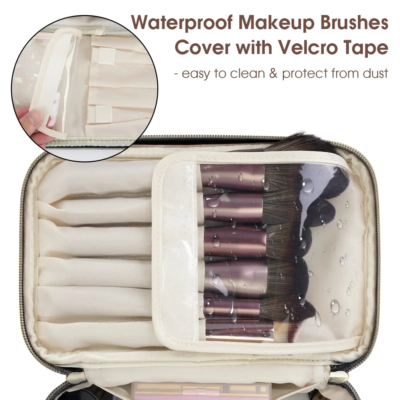 Custodia impermeabile per pennelli trucco con chiusura in velcro, facile da pulire, protegge dalla polvere. Include scomparti per organizzazione.