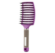 Spazzola per capelli viola con setole nere e manico ergonomico grigio. Ideale per districare e acconciare, design ventilato per asciugatura rapida.