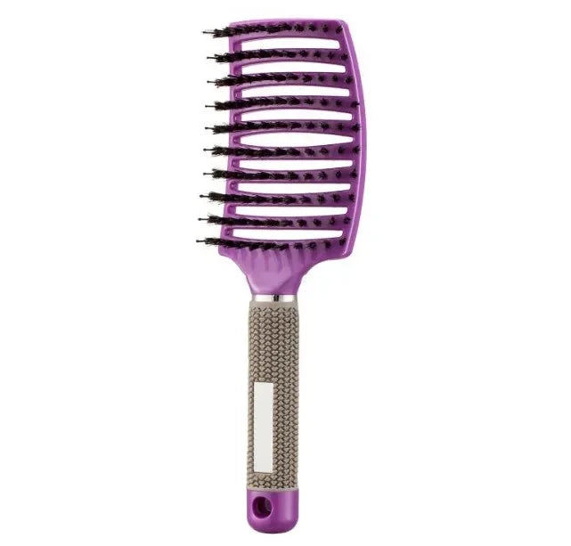 Spazzola per capelli viola con setole nere e manico ergonomico grigio. Ideale per districare e acconciare, design ventilato per asciugatura rapida.