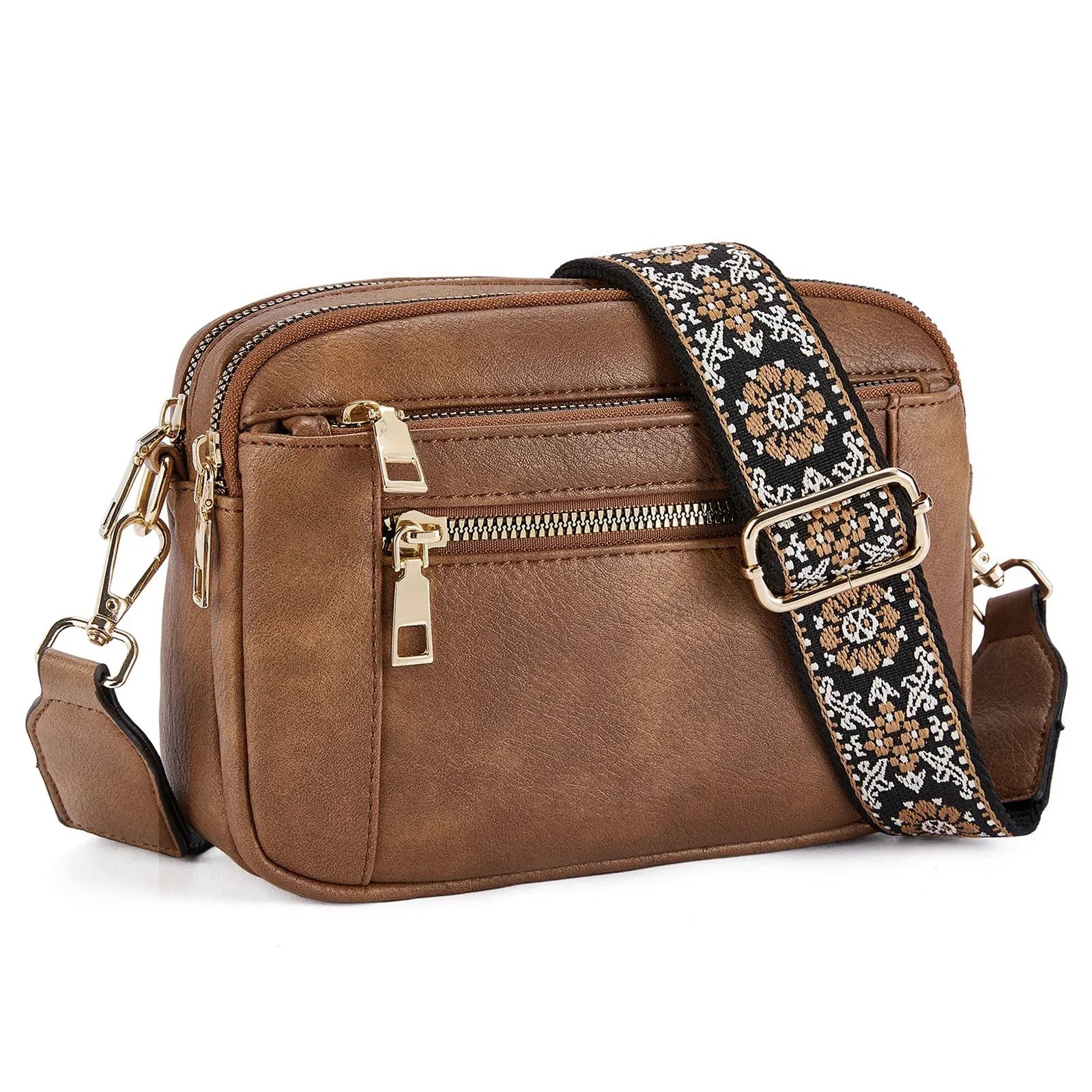 Borsa a tracolla in pelle marrone con cerniere dorate e cinturino regolabile decorato con motivi floreali. Elegante e pratica per ogni occasione.
