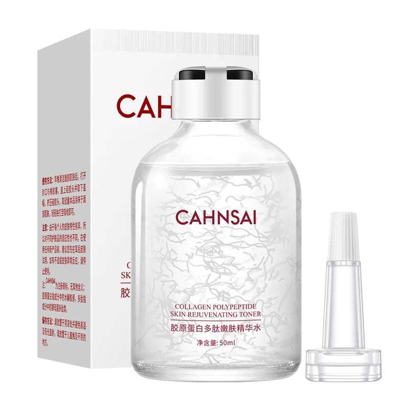 Bottiglia di tonico ringiovanente al collagene CahnSai da 50ml con confezione, ideale per cura della pelle, idratazione e anti-invecchiamento.
