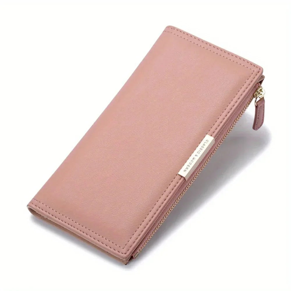 Portafoglio donna rosa in pelle, design elegante, chiusura con zip dorata, ideale per moda femminile, accessorio di lusso, regalo perfetto.