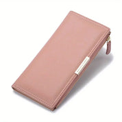Portafoglio donna rosa in pelle, design elegante, chiusura con zip dorata, ideale per moda femminile, accessorio di lusso, regalo perfetto.