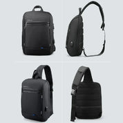 Zaino nero multifunzione con porta USB, design ergonomico, tasche multiple, ideale per laptop e viaggi. Materiale resistente all'acqua.