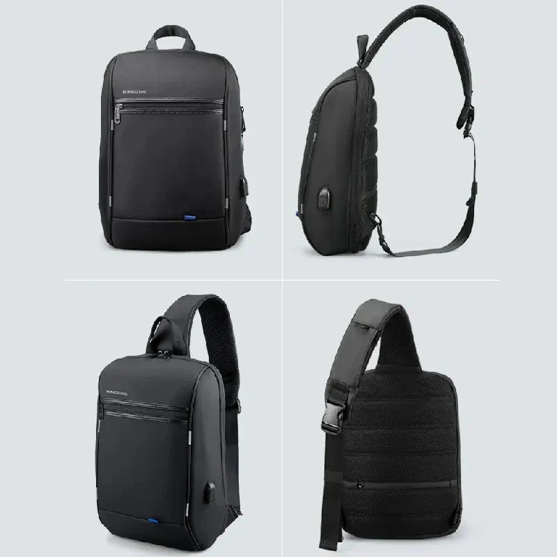 Zaino nero multifunzione con porta USB, design ergonomico, tasche multiple, ideale per laptop e viaggi. Materiale resistente all'acqua.