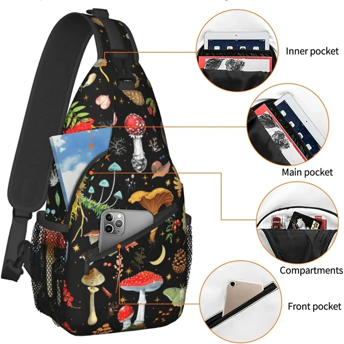 Zaino a tracolla con stampa di funghi, tasche multiple, scomparti interni, tasca frontale per smartphone, ideale per escursioni e viaggi.