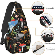 Zaino a tracolla con stampa di funghi, tasche multiple, scomparti interni, tasca frontale per smartphone, ideale per escursioni e viaggi.