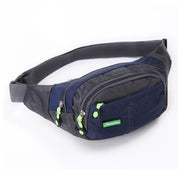 Marsupio sportivo blu e grigio con cerniere verdi, ideale per attività all'aperto. Design compatto e resistente, perfetto per escursioni e viaggi.