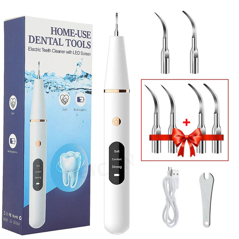 Kit pulizia dentale elettrico con schermo LED, include punte intercambiabili, cavo USB e strumento di regolazione. Ideale per uso domestico.