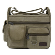 Borsa a tracolla verde militare in tela con tasche multiple e cerniere, ideale per uomo, stile casual, resistente e pratica per uso quotidiano.