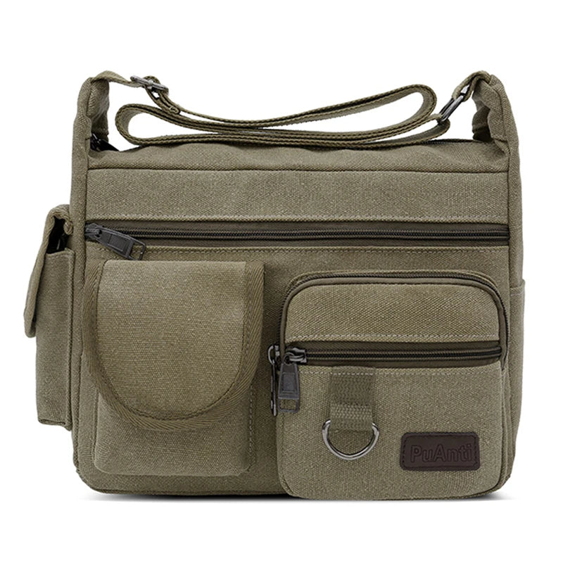 Borsa a tracolla verde militare in tela con tasche multiple e cerniere, ideale per uomo, stile casual, resistente e pratica per uso quotidiano.
