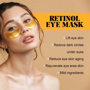 Maschera occhi al retinolo, donna con patch dorati sotto gli occhi, riduce occhiaie, ringiovanisce pelle, ingredienti delicati, cura viso efficace.