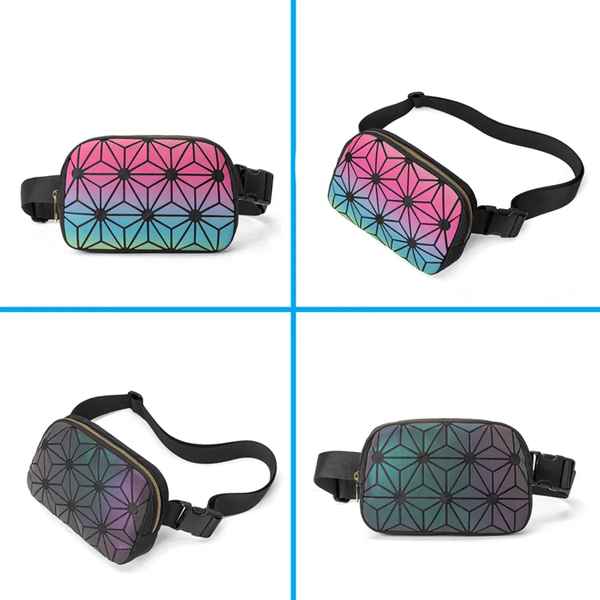Marsupio geometrico multicolore con motivo a triangoli, cinturino regolabile nero. Design moderno, accessorio moda unisex, ideale per viaggi e sport.