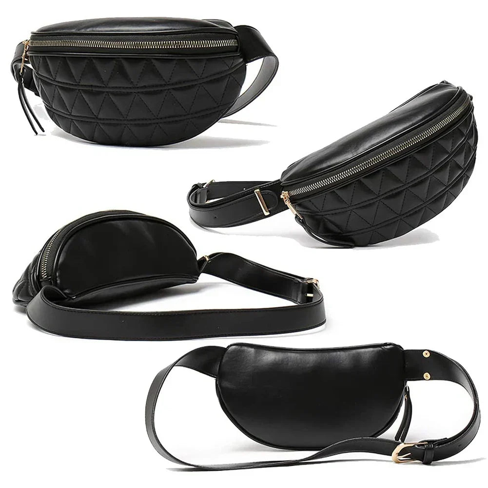 Marsupio nero in pelle trapuntata con cerniera dorata, design geometrico, cintura regolabile. Accessorio moda unisex, pratico e versatile.