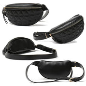 Marsupio nero in pelle trapuntata con cerniera dorata, design geometrico, cintura regolabile. Accessorio moda unisex, pratico e versatile.