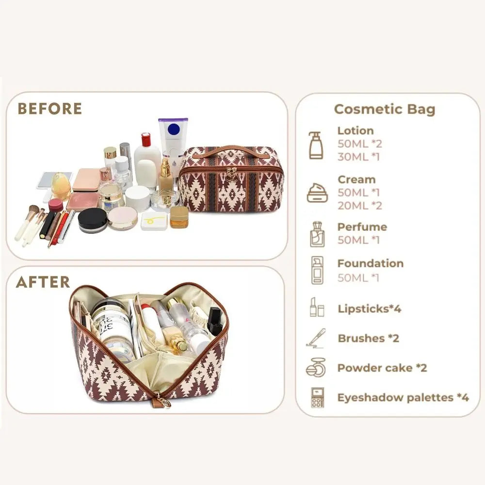 Borsa cosmetica con motivo etnico, organizzata con trucchi e accessori. Include lozioni, creme, profumi, fondotinta, rossetti e pennelli.