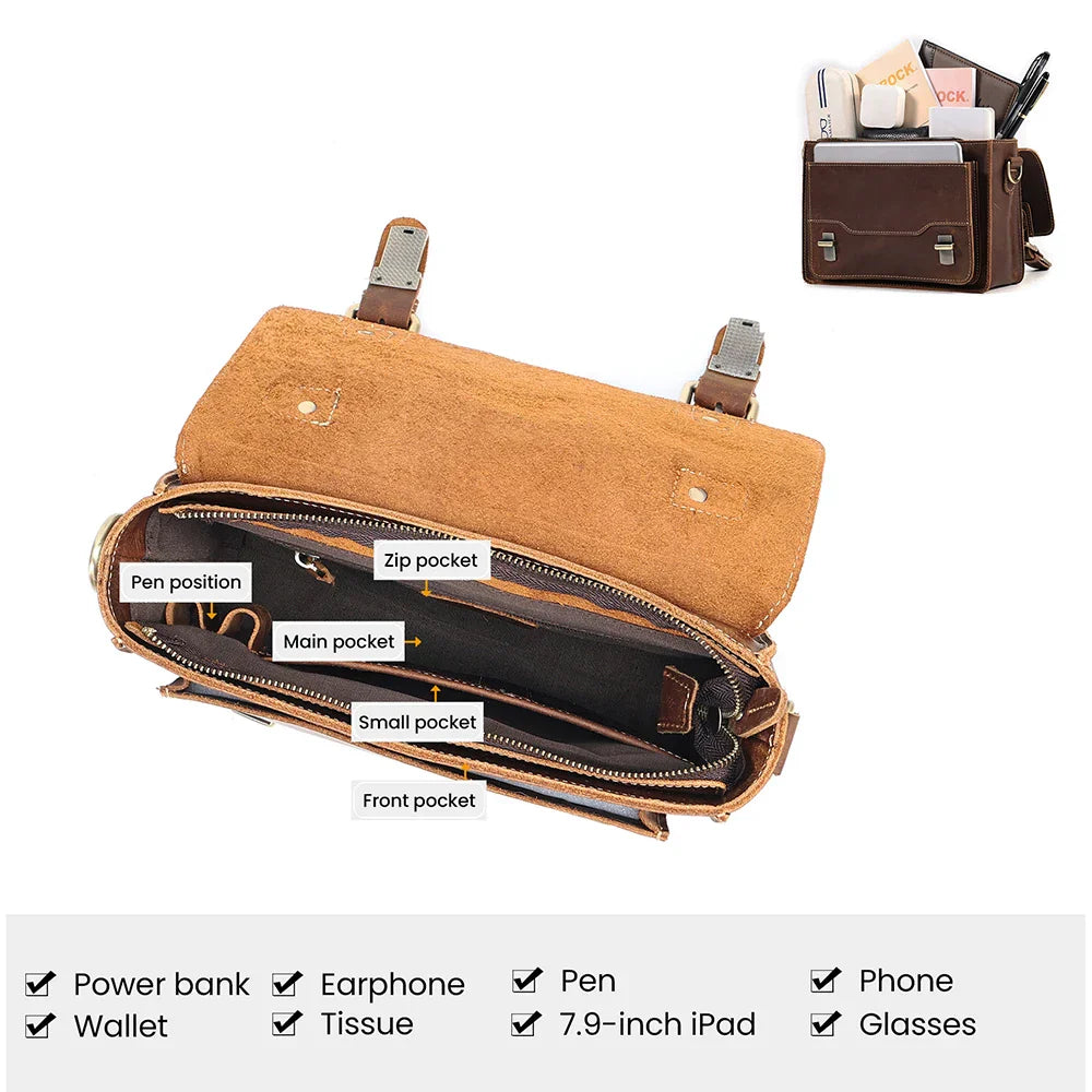 Borsa a tracolla in pelle marrone con scomparti multipli: tasca principale, tasca con zip, tasca frontale. Ideale per iPad, portafoglio, occhiali.