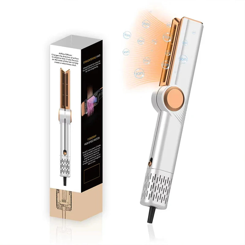 Piastra per capelli ionica bianca e oro con confezione, tecnologia a ioni per capelli lisci e lucenti, design elegante e moderno.