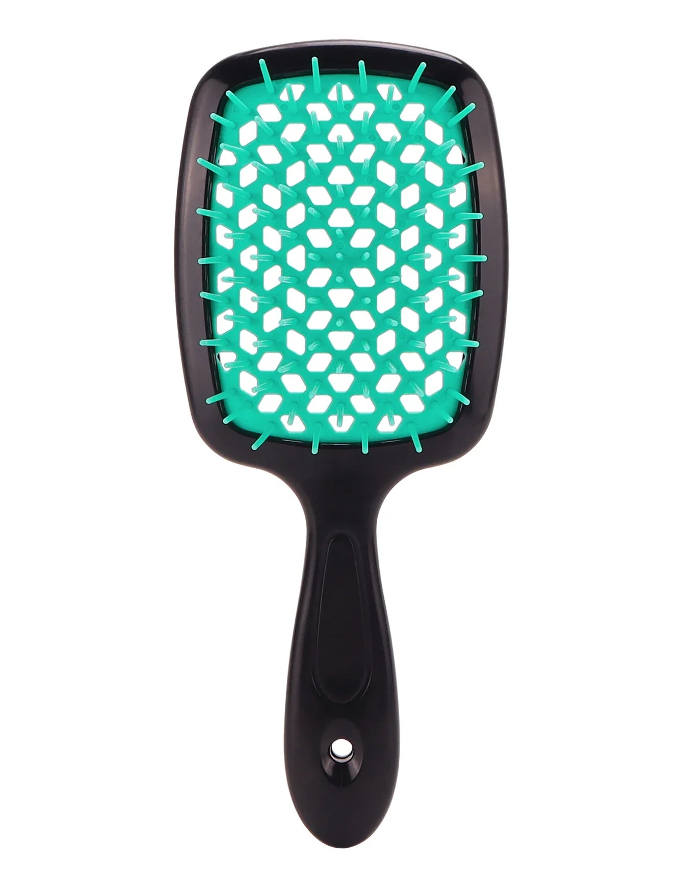 Spazzola per capelli nera con setole verdi, design a nido d'ape, manico ergonomico. Ideale per districare e lisciare capelli. Accessorio styling capelli.
