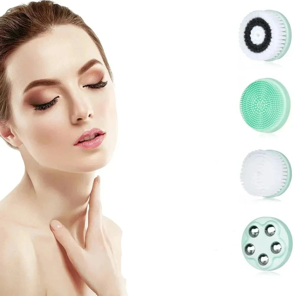 Donna con spazzola per pulizia viso elettrica, testine intercambiabili. Cura della pelle, esfoliazione, bellezza, routine skincare.