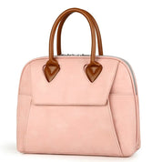 Borsa a mano donna in pelle rosa con manici marroni, design elegante e moderno, ideale per moda femminile e accessori di lusso.