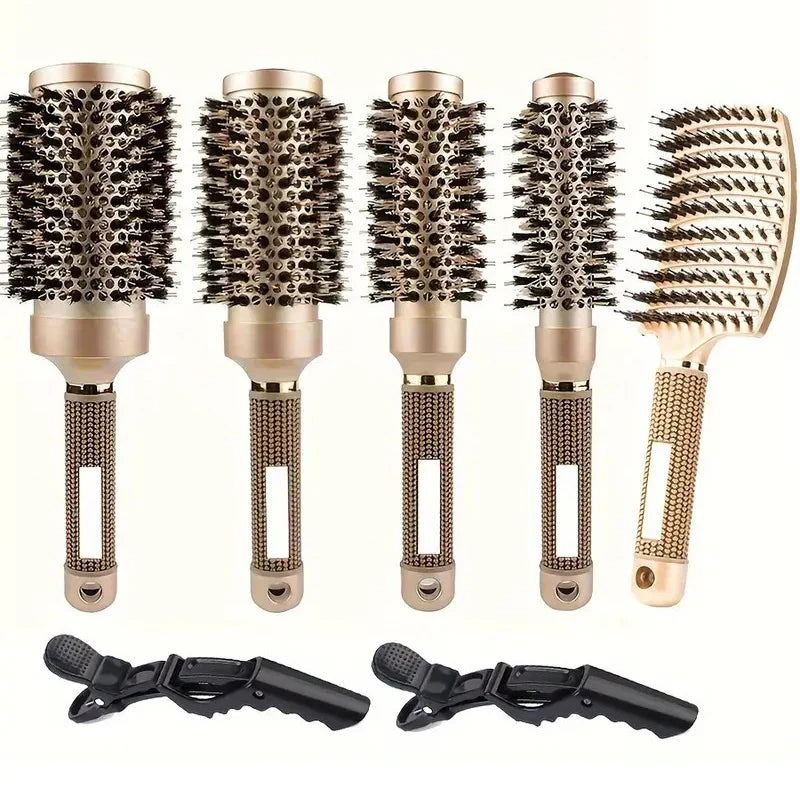 Set di spazzole per capelli professionali in ceramica dorata, include 5 spazzole rotonde e 2 clip nere, ideale per styling e asciugatura.
