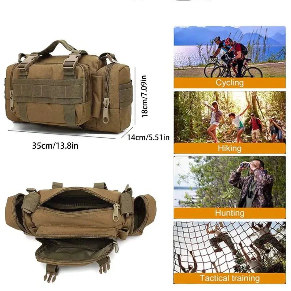 Borsa a tracolla tattica multifunzione in nylon impermeabile, dimensioni 35x14x18 cm, ideale per ciclismo, escursionismo, caccia e allenamento tattico.