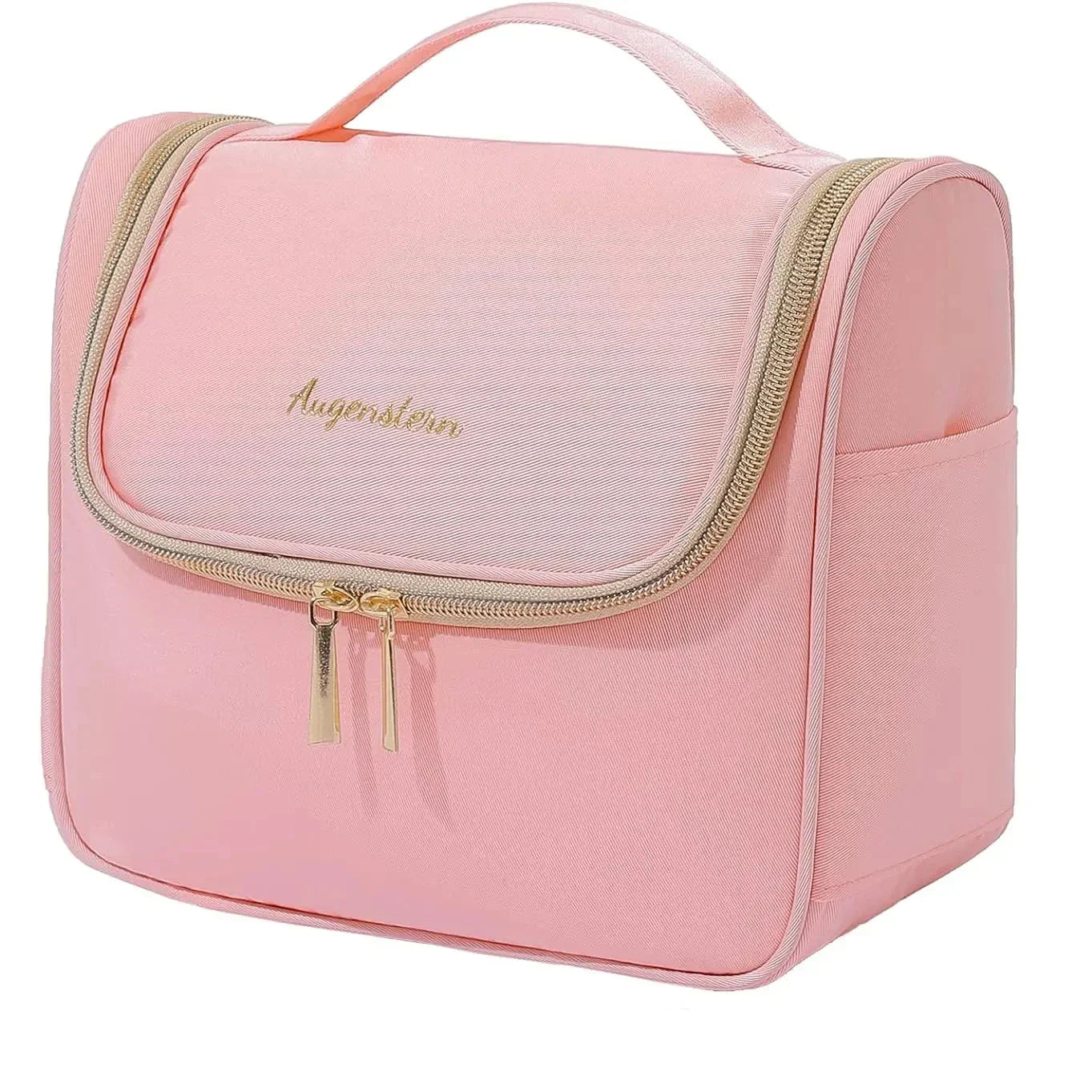 Borsa da toilette rosa con cerniera, manico superiore e tasche laterali. Design elegante, ideale per viaggi e organizzazione cosmetici.