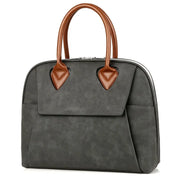 Borsa a mano elegante in pelle grigia con manici marroni, design moderno, ideale per donna, accessorio moda, perfetta per lavoro e tempo libero.