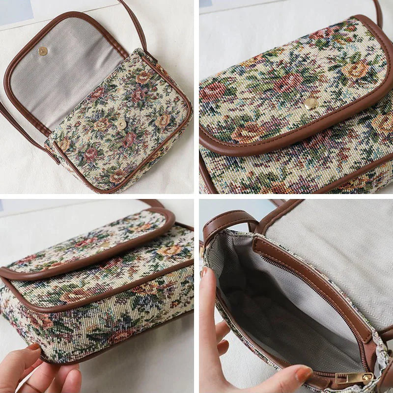 Borsa a tracolla floreale vintage in tessuto jacquard, chiusura a bottone, dettagli in pelle marrone, design elegante e spazioso.