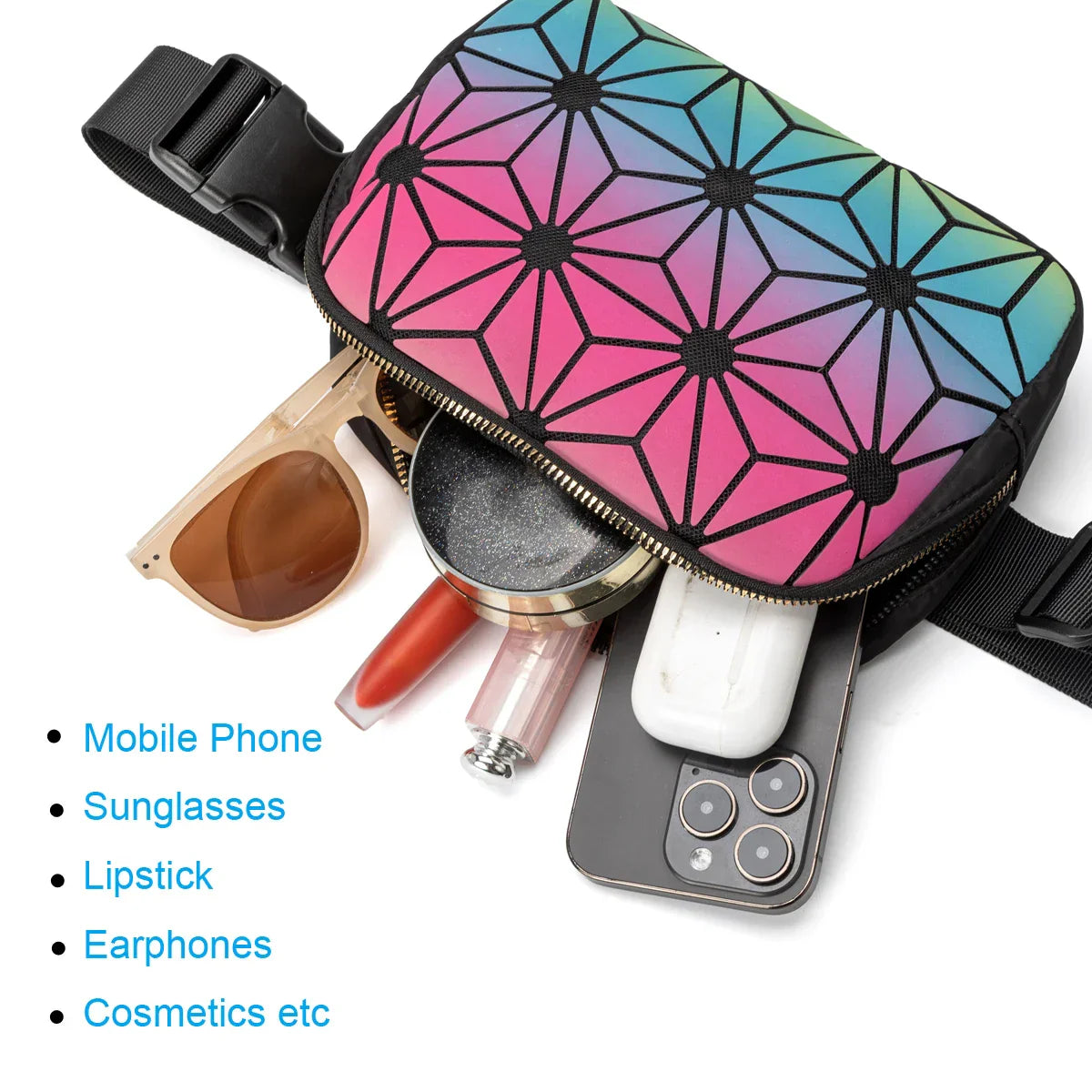 Marsupio geometrico multicolore con oggetti: smartphone, occhiali da sole, rossetto, auricolari, cosmetici. Accessorio moda pratico e trendy.