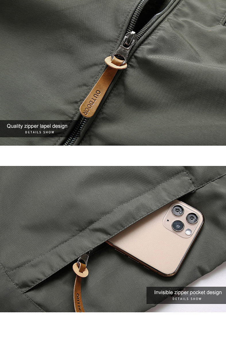 Giacca verde con cerniera di qualità e tasca invisibile, design moderno, tessuto resistente, ideale per smartphone. Accessorio moda uomo.