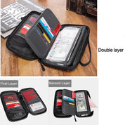 Portafoglio nero a doppio strato con scomparti per carte di credito, banconote e documenti. Design compatto e organizzato, ideale per viaggi e uso quotidiano.