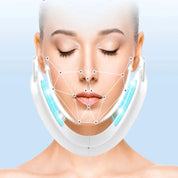 Dispositivo massaggio viso LED, donna con occhi chiusi, tecnologia lifting, cura della pelle, anti-invecchiamento, bellezza, benessere.