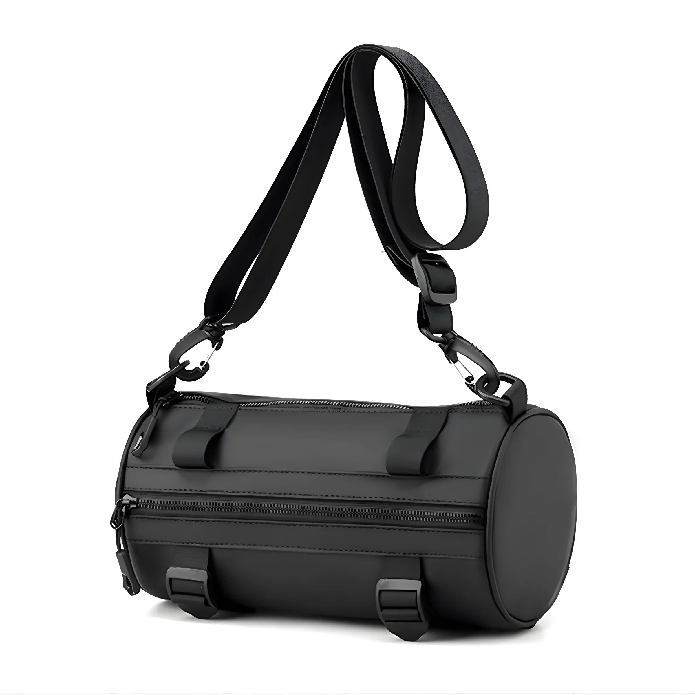 Borsa a tracolla cilindrica nera in pelle, design moderno, con cerniera e fibbie regolabili. Accessorio moda unisex, ideale per viaggi e uso quotidiano.