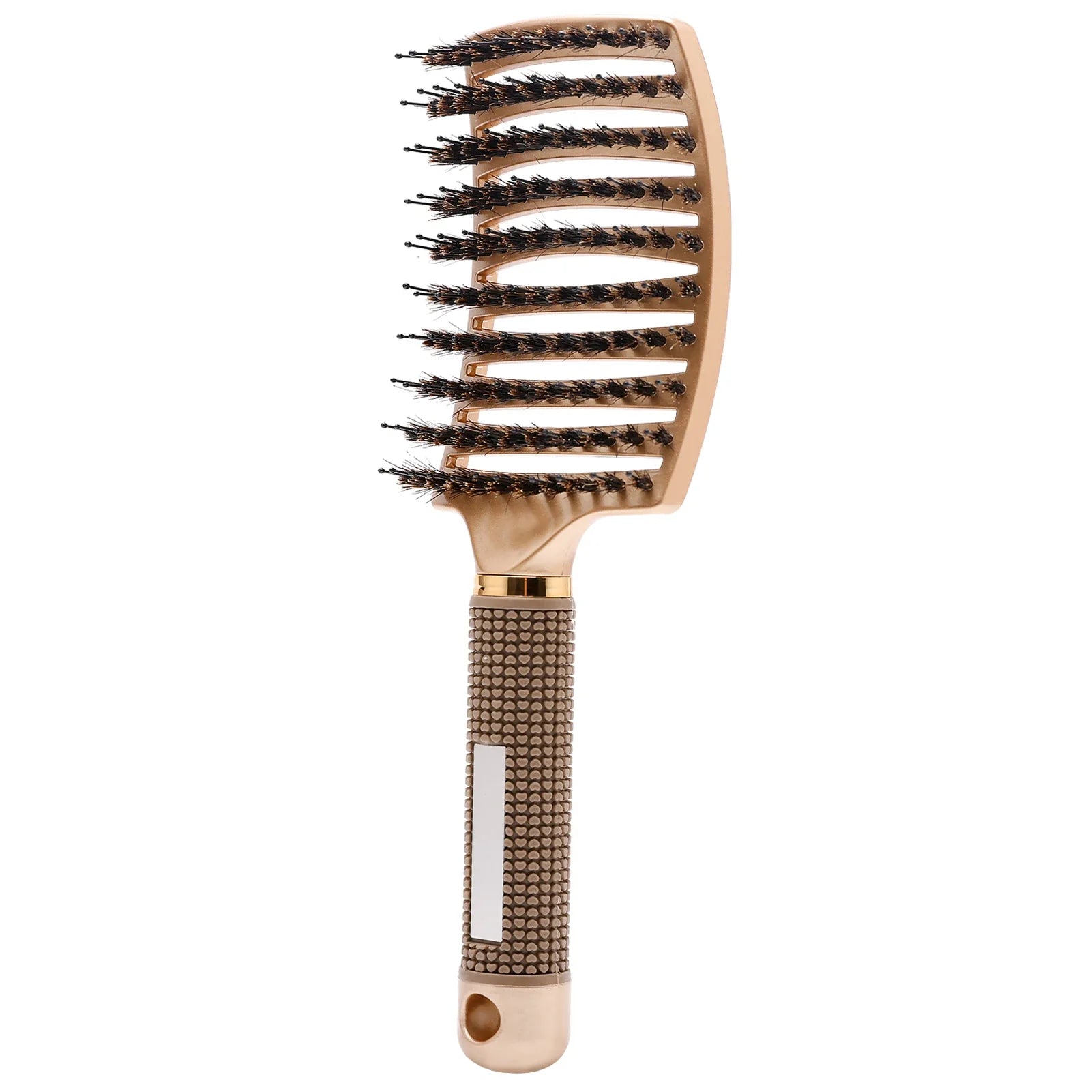 Spazzola per capelli ventilata in plastica dorata con setole nere, design ergonomico, ideale per districare e asciugare velocemente.