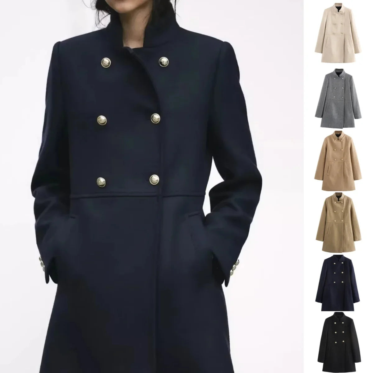 Cappotto doppiopetto blu scuro da donna con bottoni dorati, elegante e invernale. Disponibile in vari colori: beige, grigio, nero.