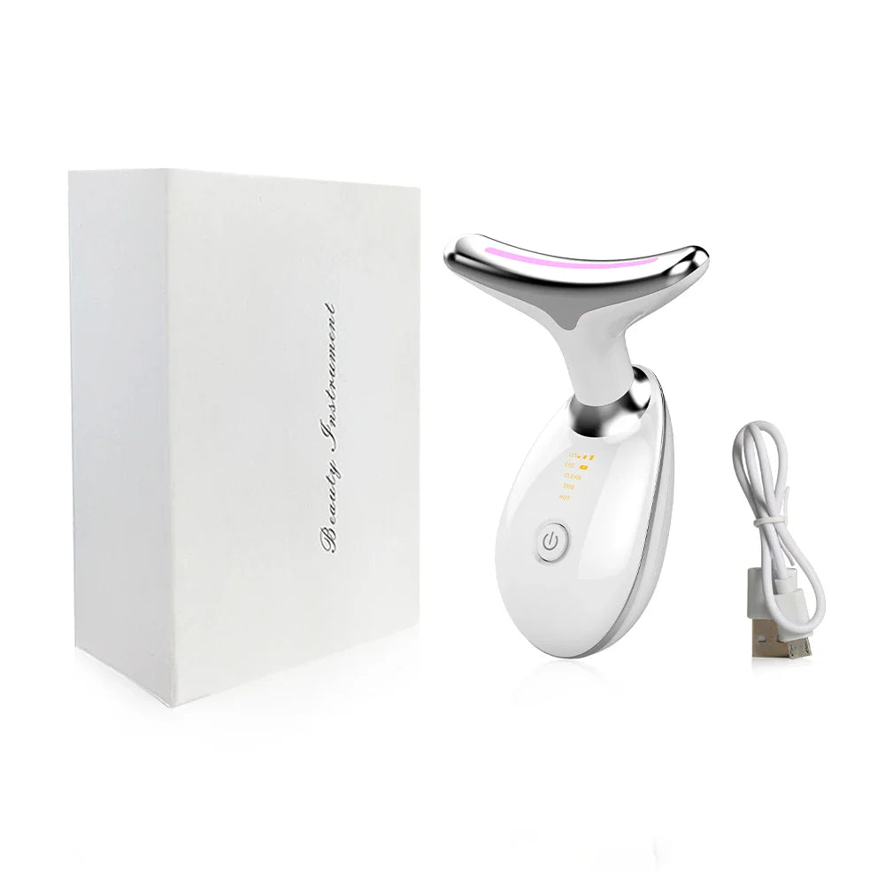 Dispositivo massaggiatore viso a LED bianco con cavo USB e confezione. Strumento bellezza per cura pelle, anti-invecchiamento, rassodante.