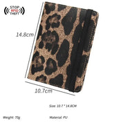 Portafoglio leopardato in PU con protezione RFID, dimensioni 10,7x14,8 cm, peso 70g. Design compatto, ideale per sicurezza e stile.