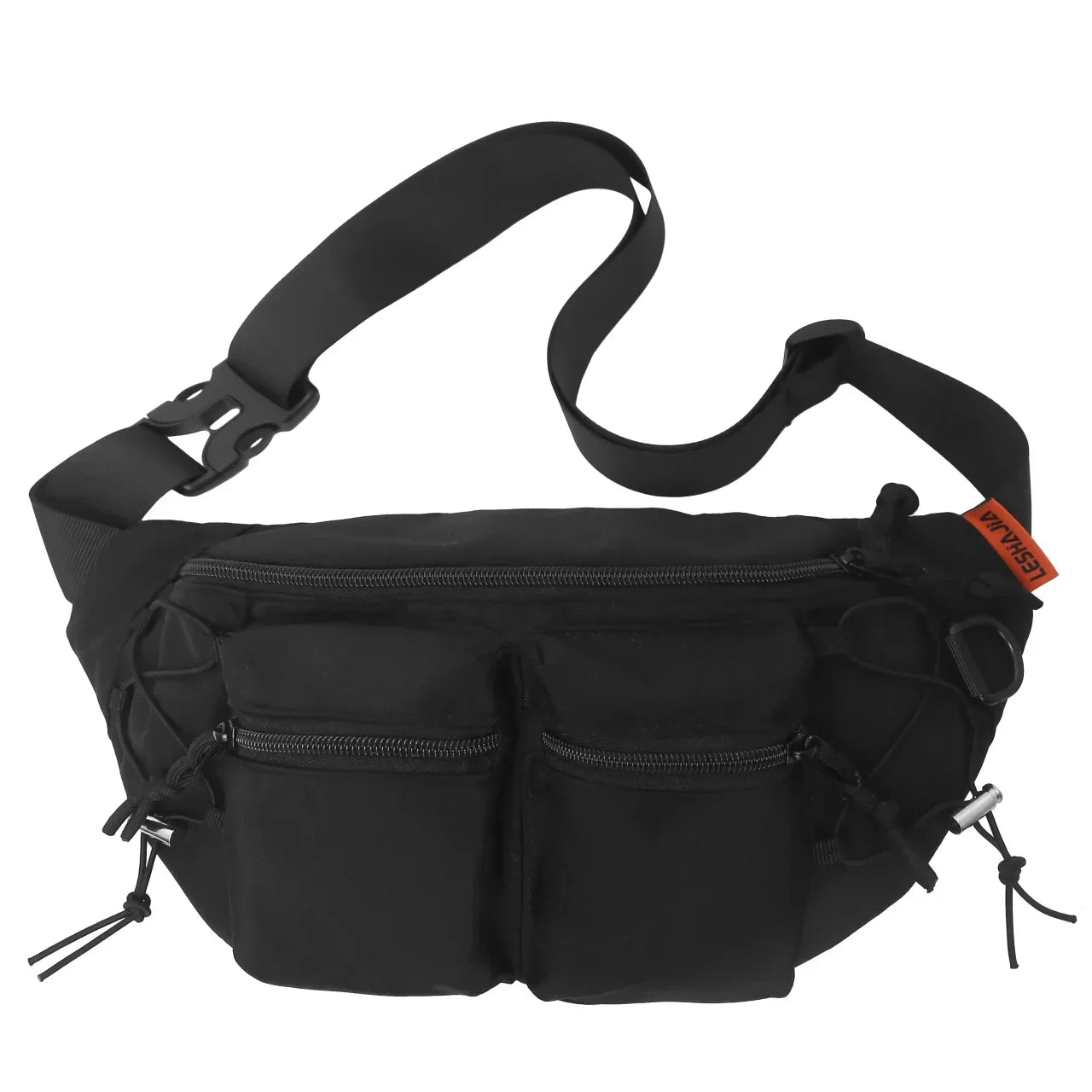Marsupio nero con tasche multiple e cerniere, cintura regolabile, design unisex, ideale per viaggi e attività all'aperto. Accessorio moda pratico.