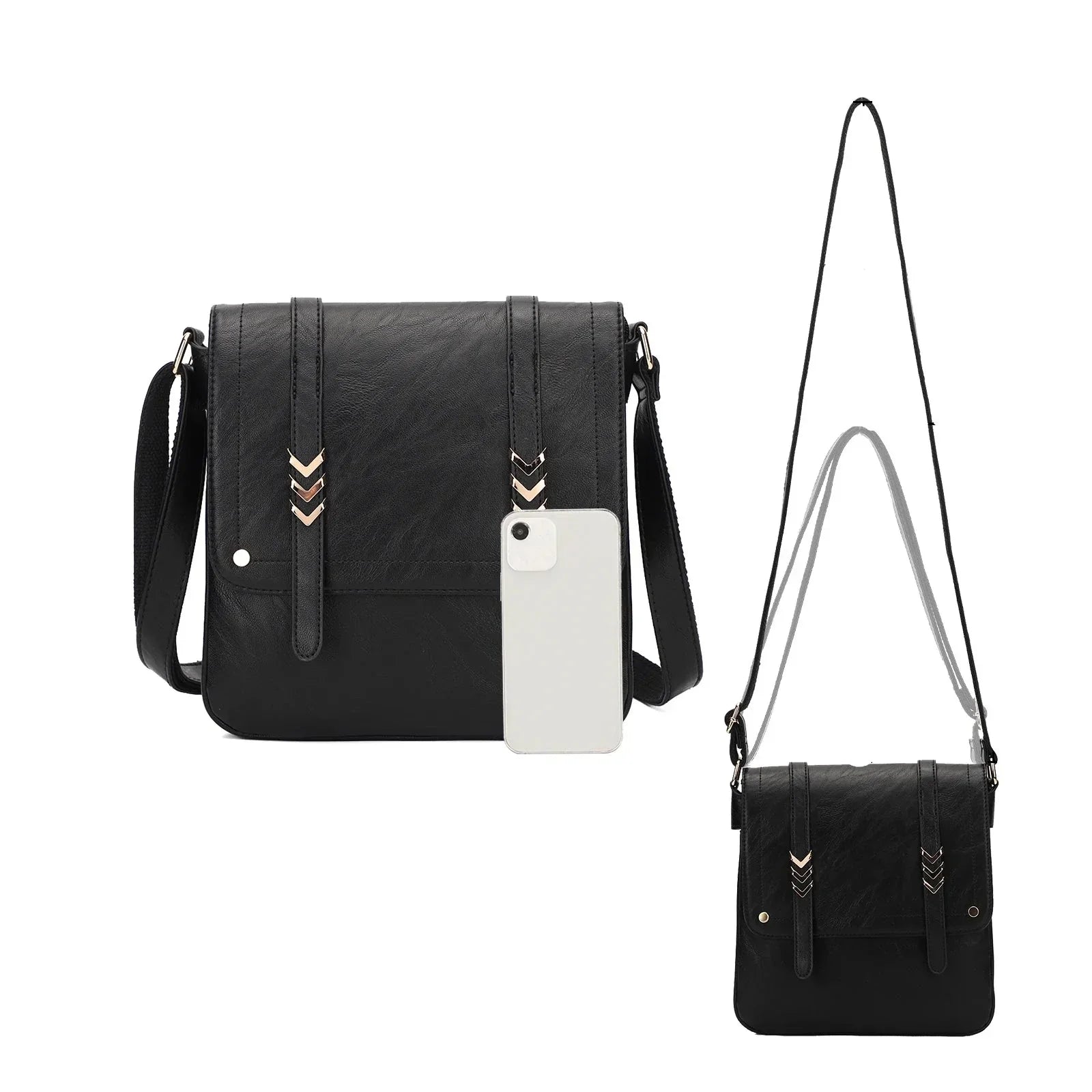 Borsa a tracolla nera in pelle sintetica con decorazioni metalliche, tasca frontale e chiusura a patta. Include una custodia per smartphone.