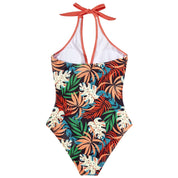 Costume intero donna con stampa tropicale, foglie colorate su sfondo nero, scollo all'americana, ideale per mare e piscina.