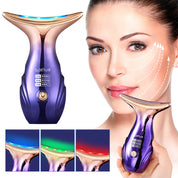Dispositivo massaggio viso LED, anti-età, lifting, con luci blu, verde, rosso. Strumento bellezza pelle, rassodante, cura viso donna.