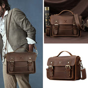Borsa a tracolla in pelle marrone per uomo, design vintage, con fibbie e manico. Ideale per lavoro e viaggi. Elegante e funzionale.